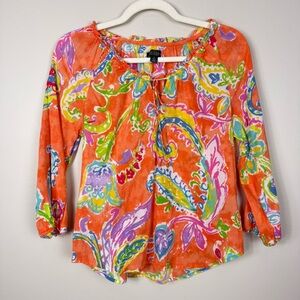 Ralph Lauren Top Women Small Floral Oversized Flowy Orange Tassle Top Green Boho